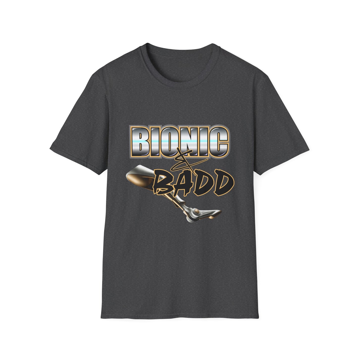 Amputee Humor, Limb Loss Awareness Tee, Bionic N Badd V3 Blk Shrt Print