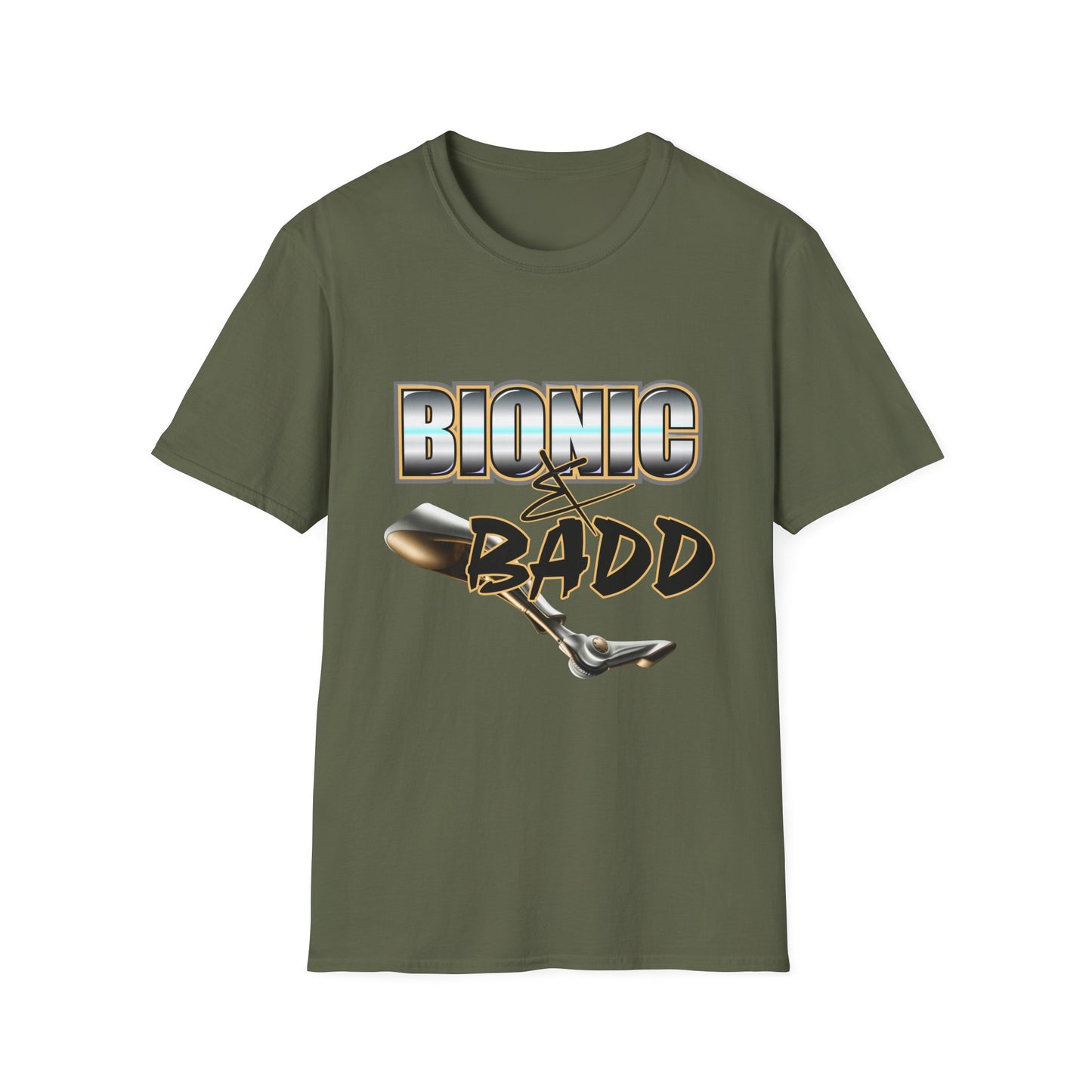 Amputee Humor, Limb Loss Awareness Tee, Bionic N Badd V3 Blk Shrt Print