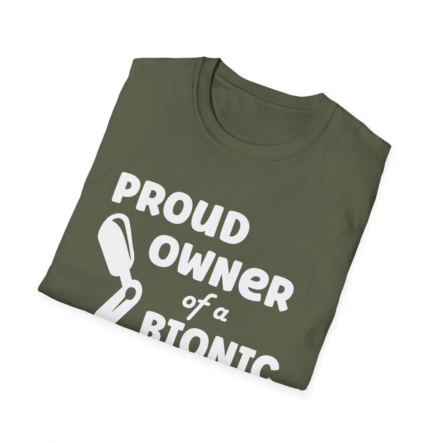 Amputee Humor, Limb Loss Awareness Tee, Proud Owner Of Bionic Leg Blk Shrt Wm Print