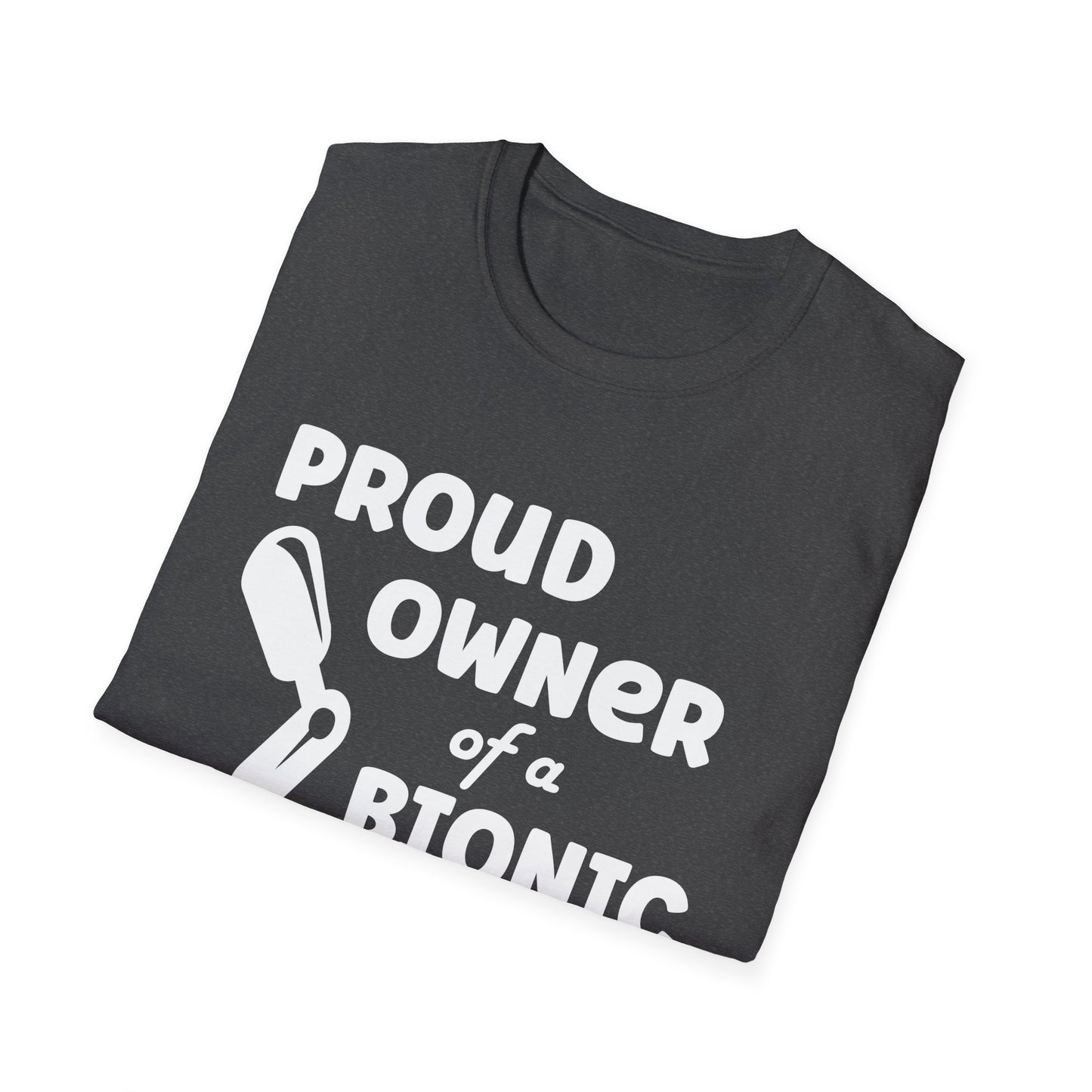 Amputee Humor, Limb Loss Awareness Tee, Proud Owner Of Bionic Leg Blk Shrt Wm Print