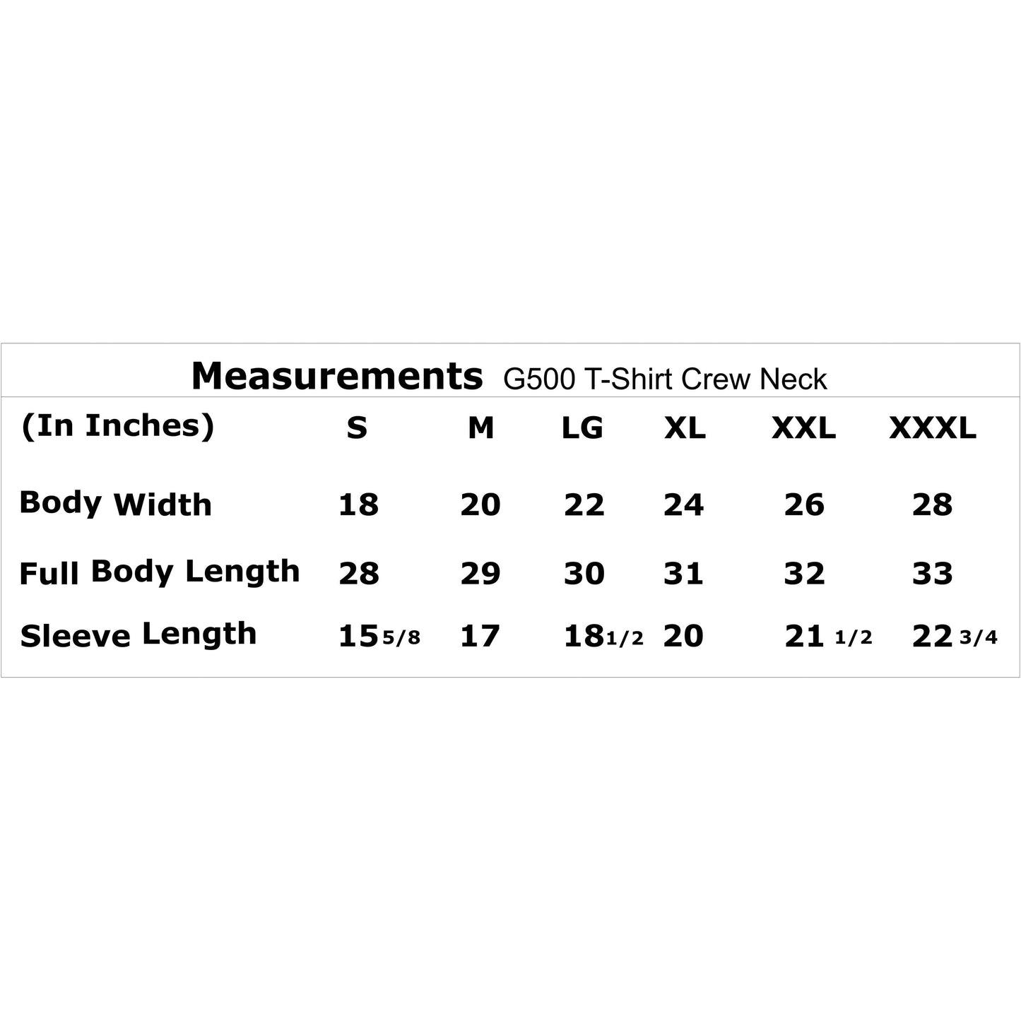 Size Chart G500 CrewNeck T-Shirts