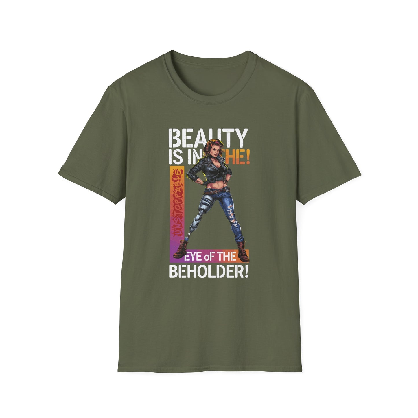 Amputee Humor, Limb Loss Awareness Tee,   Beauty Is In The Eye Female Leg Amputee V2 Print
