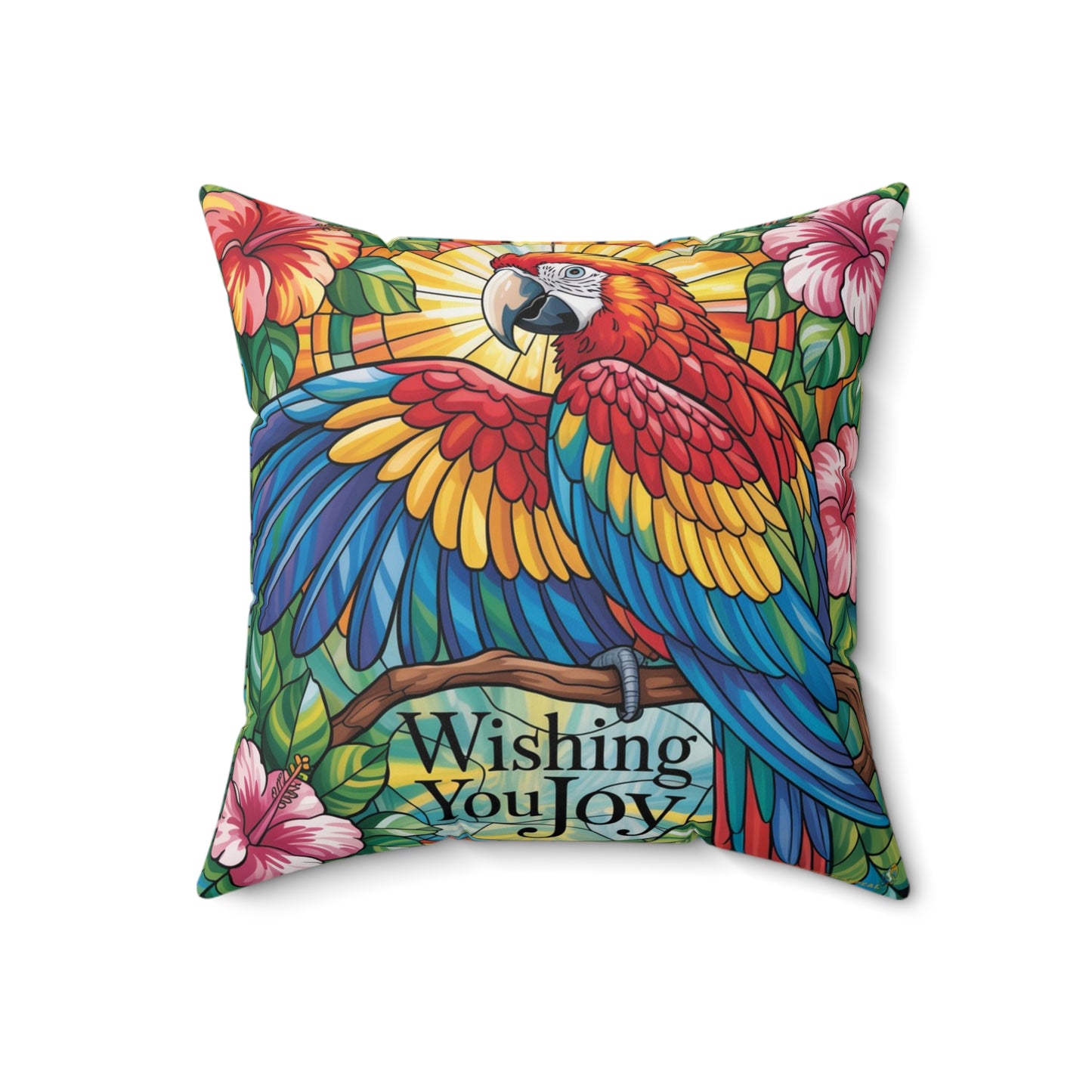 Inspirational Scarlet Macw Throw Pillow – Stained Glass Mosaic Cushion | Endurance & Wisdom Decorative Decor