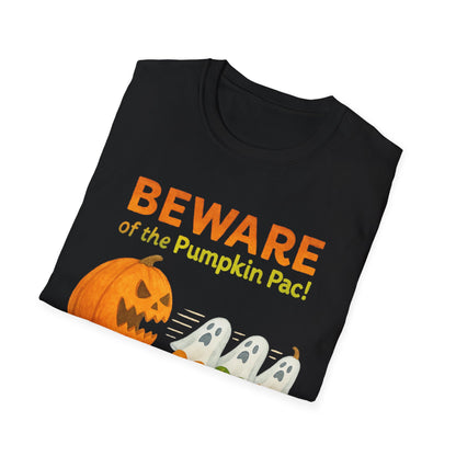 Halloween Ghost T-Shirt, Beware of the Pumpkin Pac Shirt, Unisex Softstyle Tee, Spooky Party Wear, Fall Harvest Tee