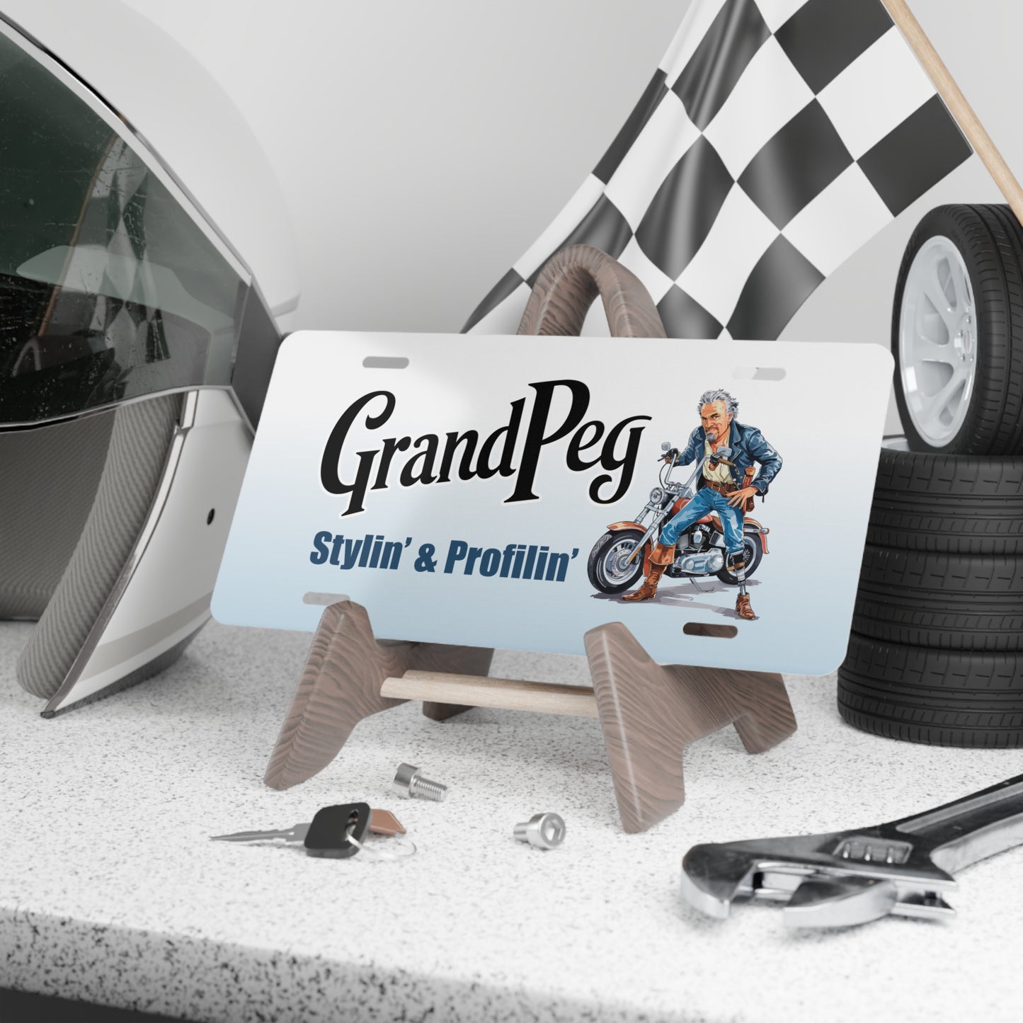 GrandPeg Amputee Wheelchair License Plate – Funny Biker Prosthetic Accessory for Mobility Scooter Riders