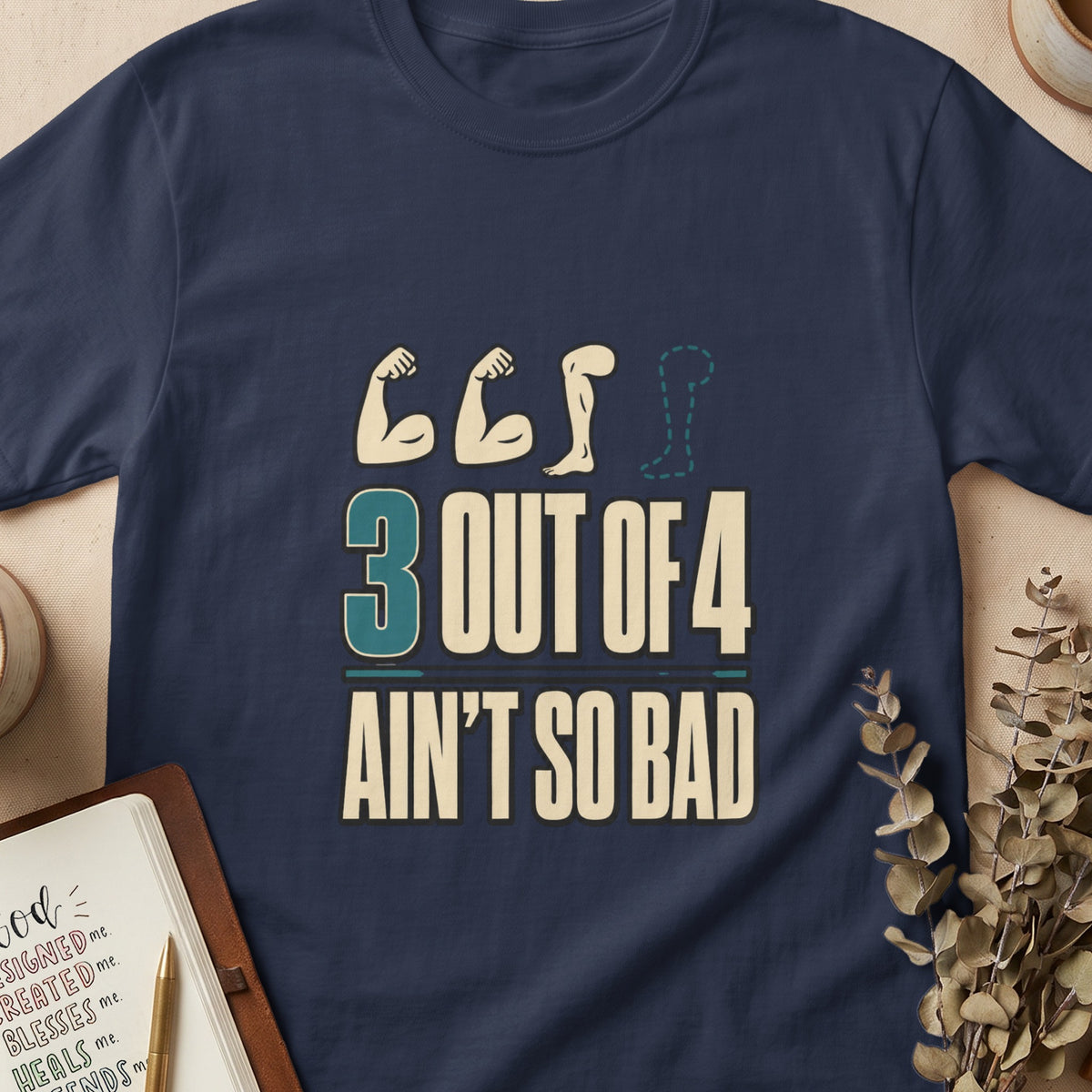 Navy t-shirt with "3 OUT OF 4 AIN'T SO BAD" text and muscle graphics.