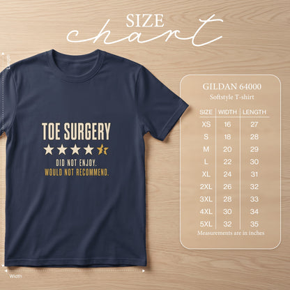 Navy t-shirt with "Toe Surgery, Did Not Enjoy. Would Not Recommend." text and size chart.