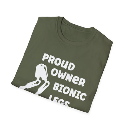 Amputee Humor, Limb Loss Awareness Tee,   Proud Owner Of Bionic Legs Blk Shrt Wm Print