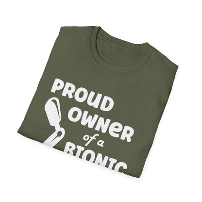 Amputee Humor, Limb Loss Awareness Tee,   Proud Owner Of Bionic Leg Blk Shrt Wm Print