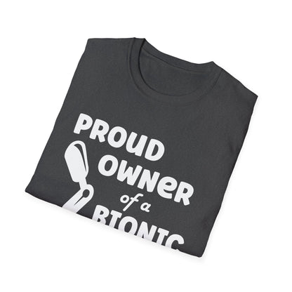 Amputee Humor, Limb Loss Awareness Tee,   Proud Owner Of Bionic Leg Blk Shrt Wm Print