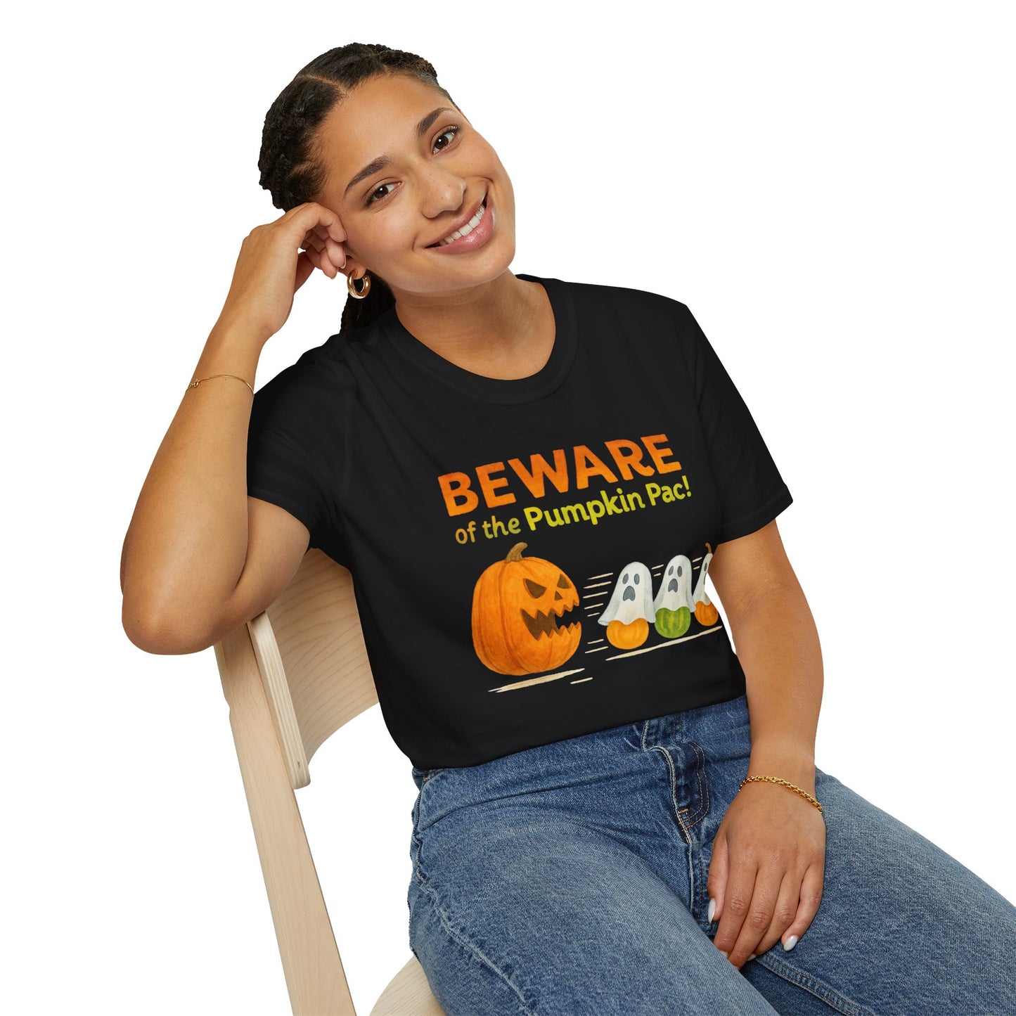 Halloween Ghost T-Shirt, Beware of the Pumpkin Pac Shirt, Unisex Softstyle Tee, Spooky Party Wear, Fall Harvest Tee