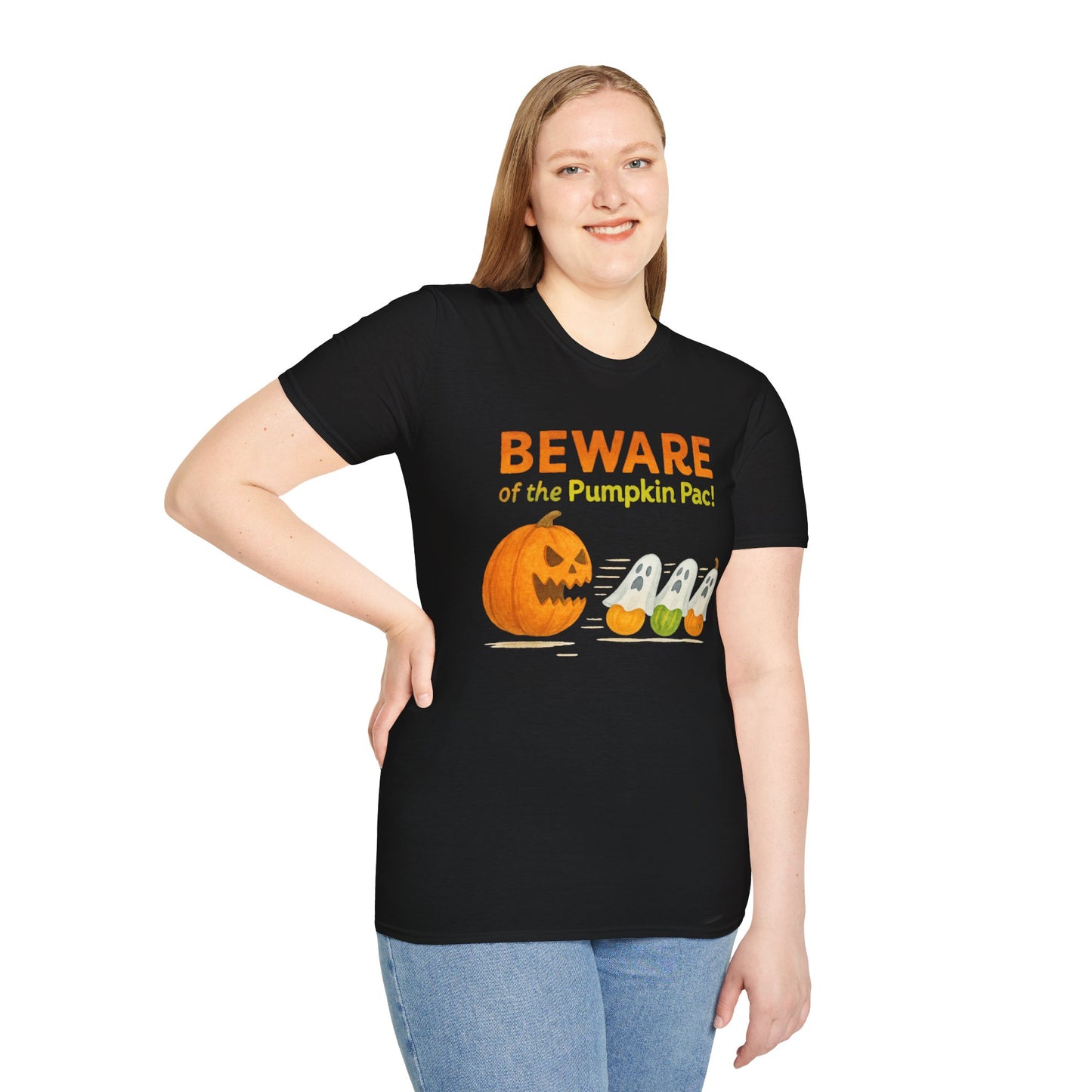 Halloween Ghost T-Shirt, Beware of the Pumpkin Pac Shirt, Unisex Softstyle Tee, Spooky Party Wear, Fall Harvest Tee