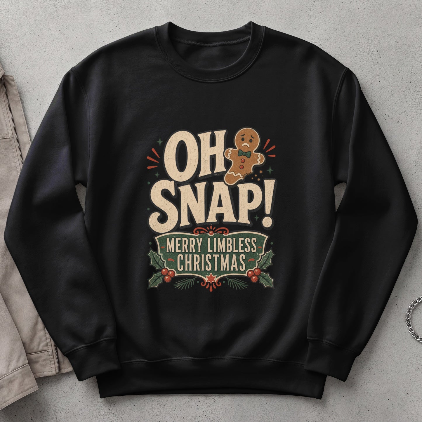 Black sweatshirt with "OH SNAP! MERRY LIMBLESS CHRISTMAS" text and a sad gingerbread man.