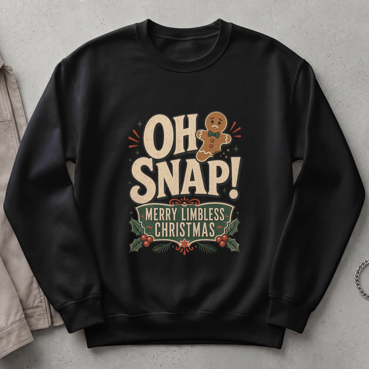 Black sweatshirt with "OH SNAP! MERRY LIMBLESS CHRISTMAS" text and a sad gingerbread man.