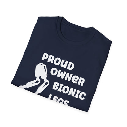 Amputee Humor, Limb Loss Awareness Tee,   Proud Owner Of Bionic Legs Blk Shrt Wm Print