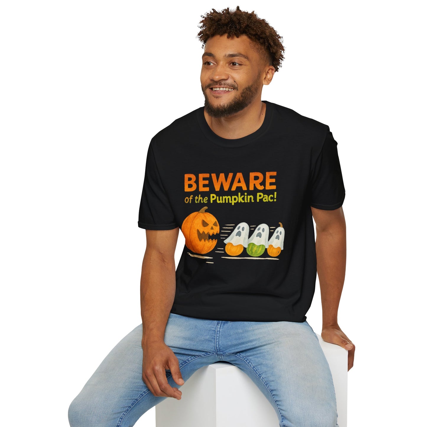 Halloween Ghost T-Shirt, Beware of the Pumpkin Pac Shirt, Unisex Softstyle Tee, Spooky Party Wear, Fall Harvest Tee
