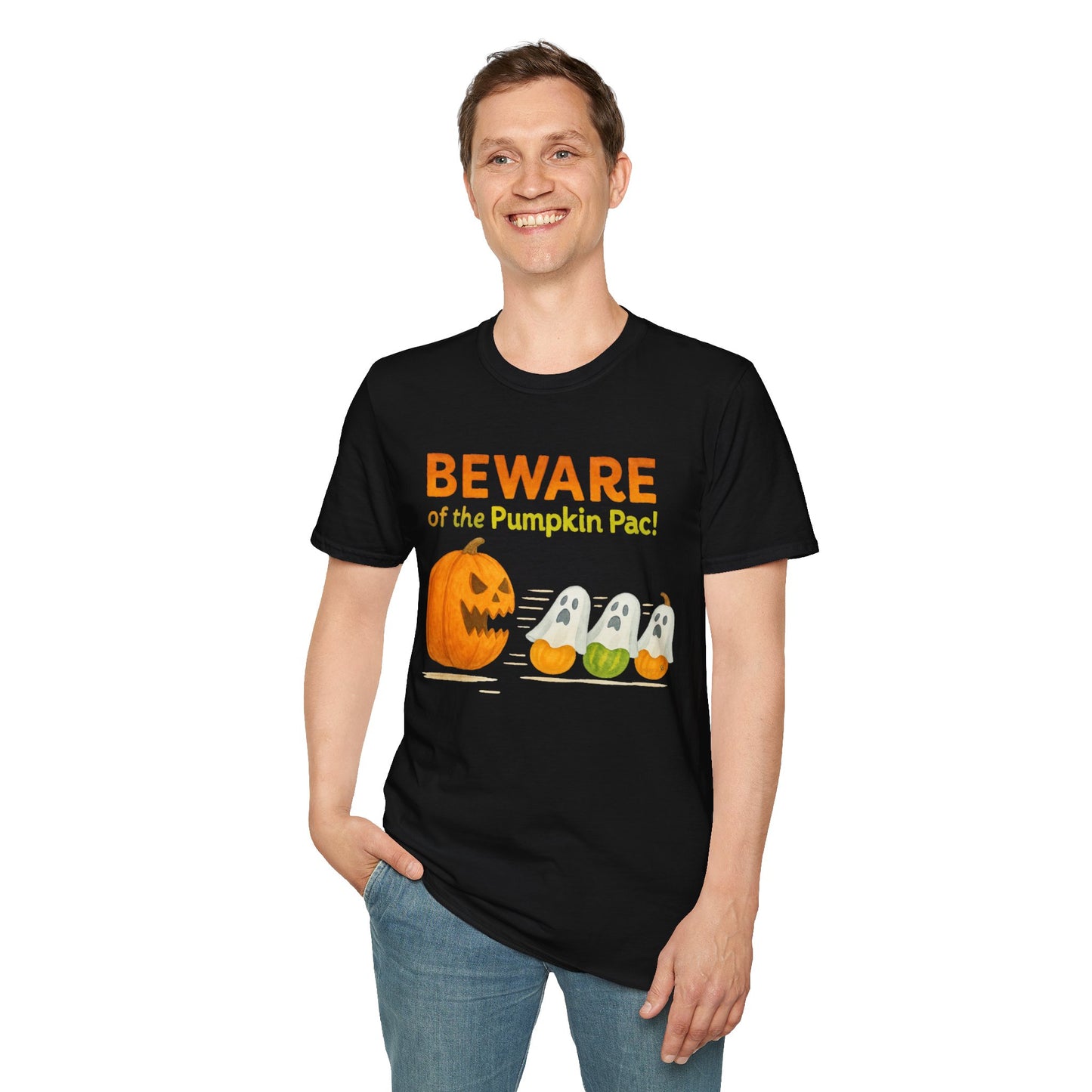 Halloween Ghost T-Shirt, Beware of the Pumpkin Pac Shirt, Unisex Softstyle Tee, Spooky Party Wear, Fall Harvest Tee