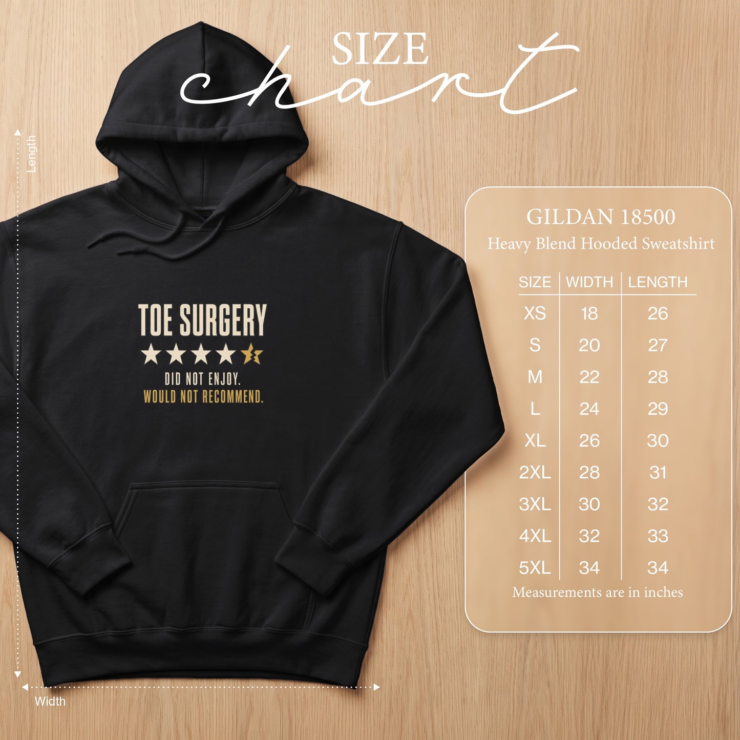 Black Gildan 18500 hoodie with "Toe Surgery" graphic and size chart.