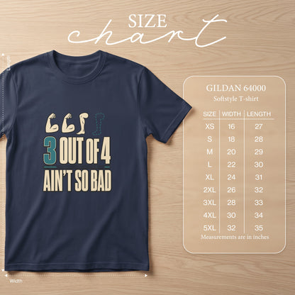 Navy t-shirt with "3 out of 4 ain't so bad" graphic and size chart.