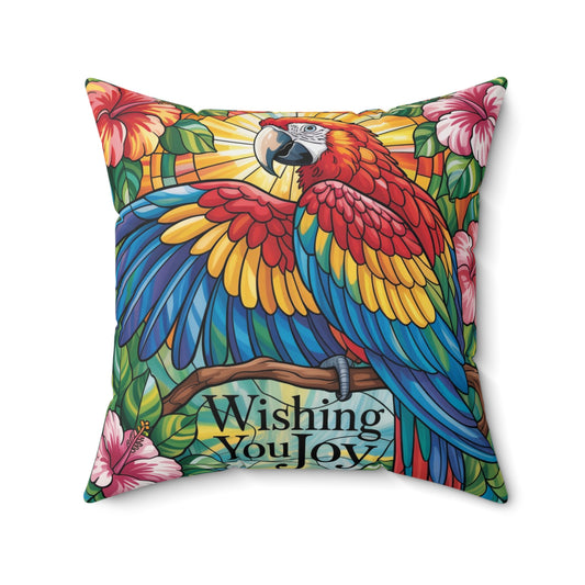 Inspirational Scarlet Macw Throw Pillow – Stained Glass Mosaic Cushion | Endurance & Wisdom Decorative Decor