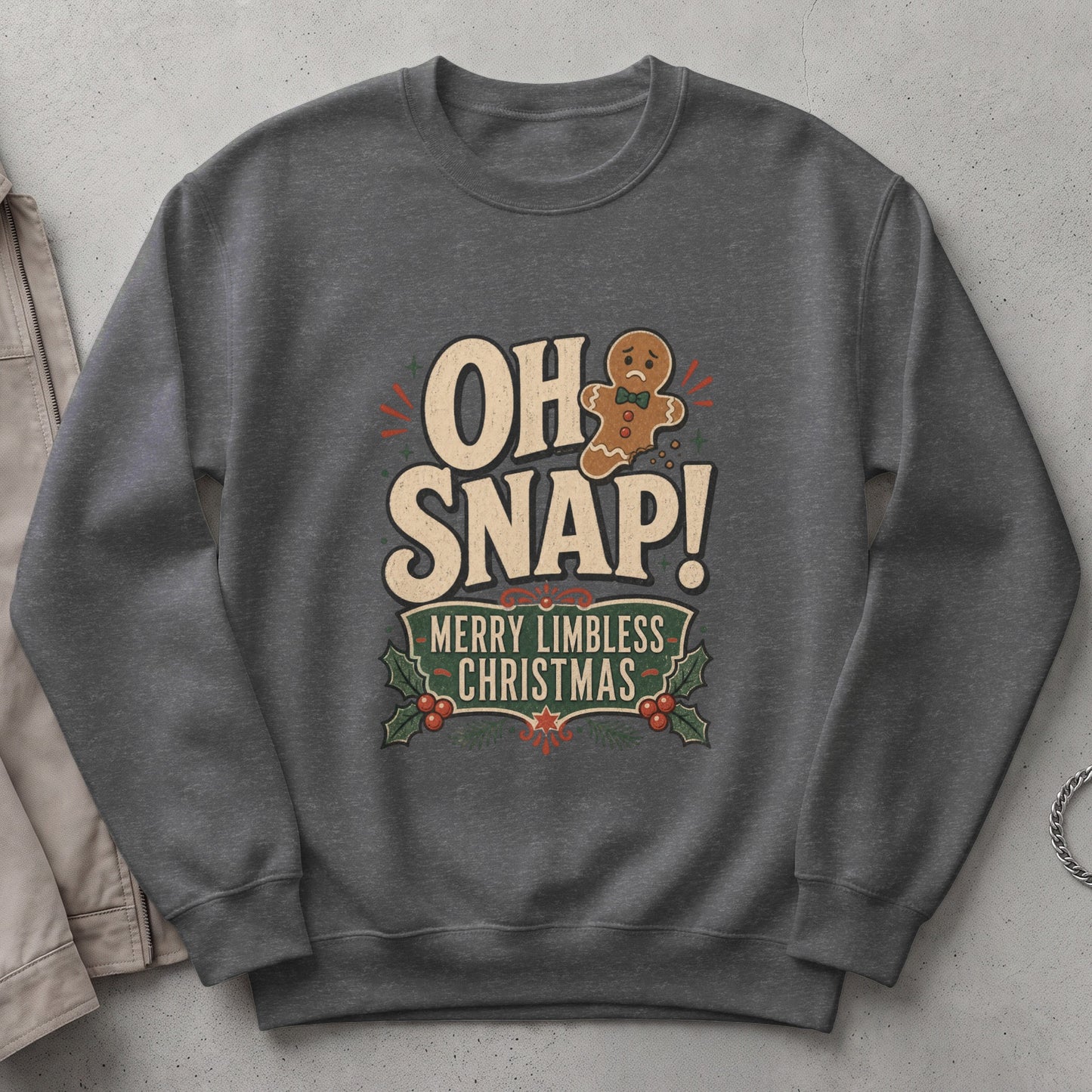 Dark grey sweatshirt with "OH SNAP! Merry Limbless Christmas" and a sad gingerbread man.