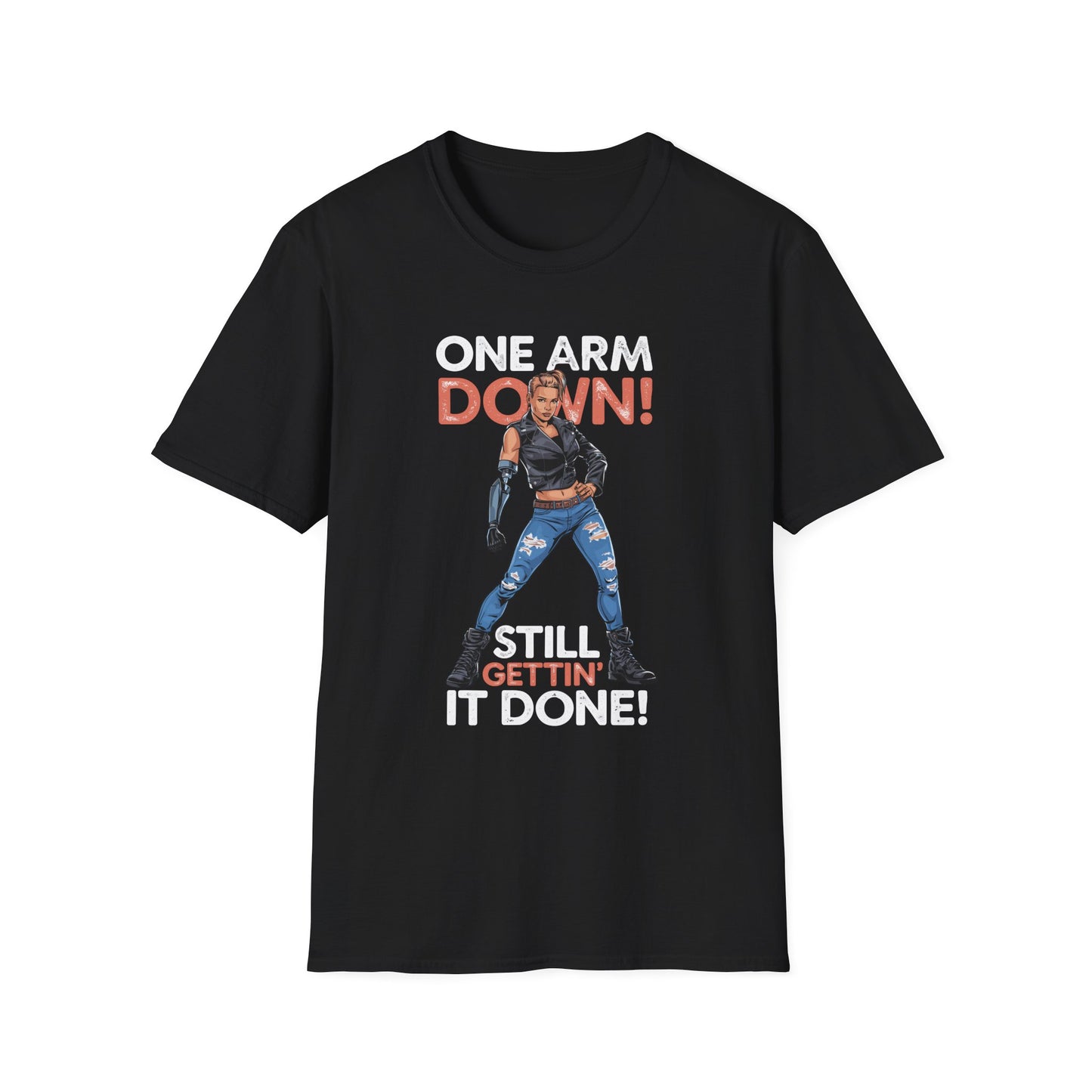 Amputee Humor, Limb Loss Awareness Tee,   One Arm Down Woman V1 Print