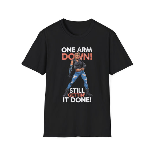 Amputee Humor, Limb Loss Awareness Tee,   One Arm Down Woman V1 Print