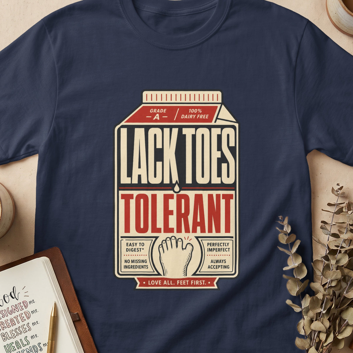 Navy t-shirt with "Lack Toes Tolerant" milk carton design and foot graphic.