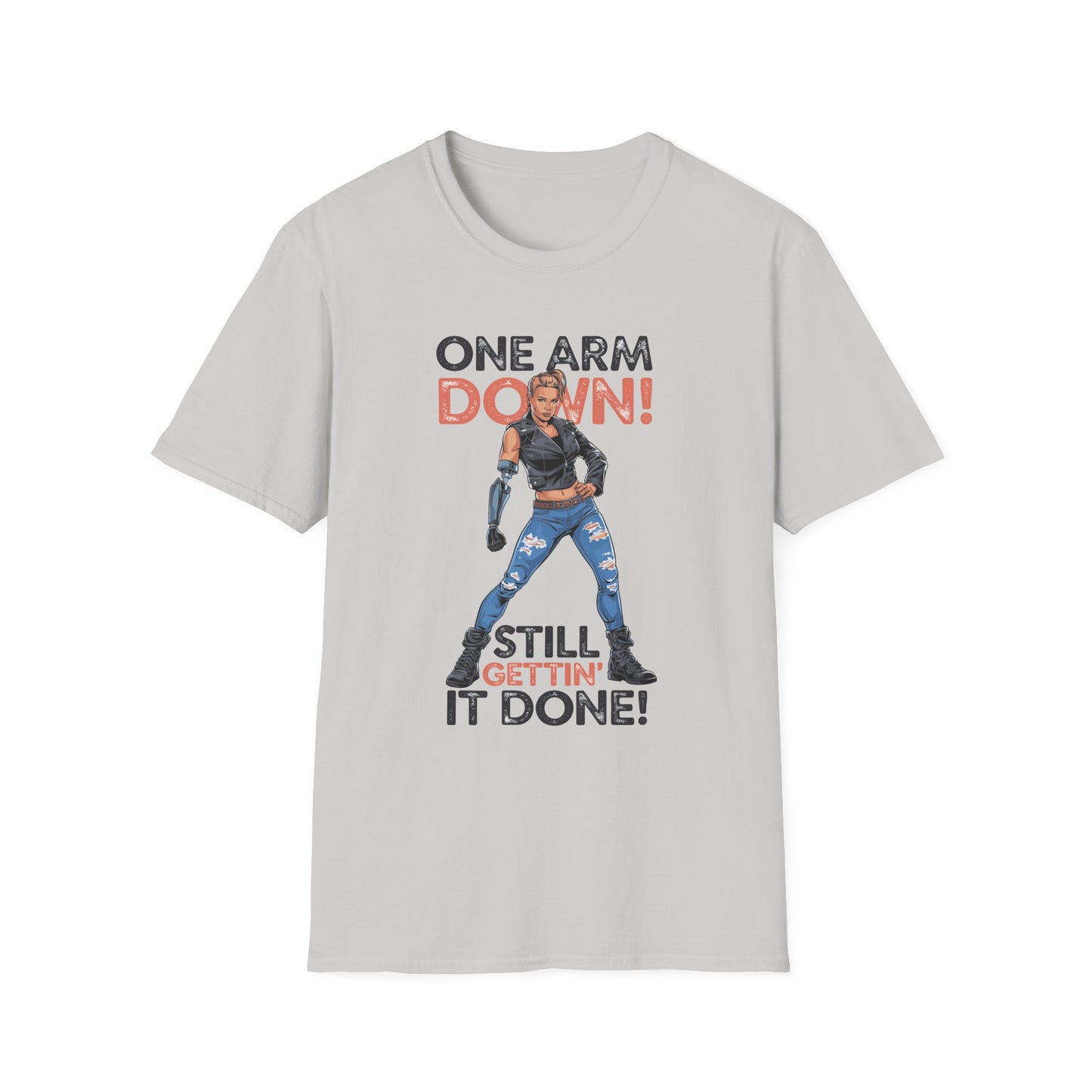 Amputee Humor, Limb Loss Awareness Tee,   One Arm Down Woman V1 Print