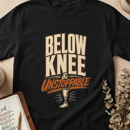 Black t-shirt with "Below Knee & Unstoppable" text and prosthetic leg graphic.