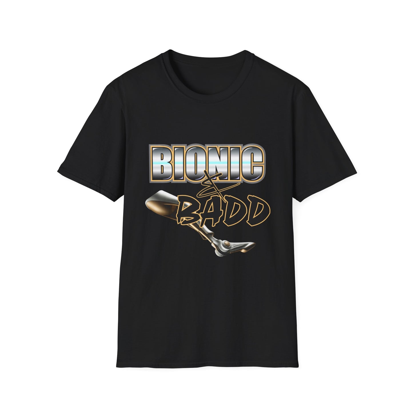 Amputee Humor, Limb Loss Awareness Tee,   Bionic N Badd V3 Blk Shrt Print
