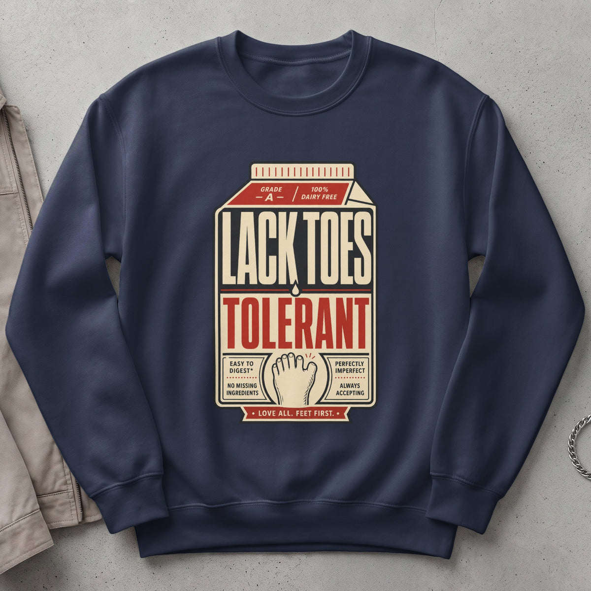 Navy sweatshirt with a "LACK TOES TOLERANT" design resembling a dairy carton.