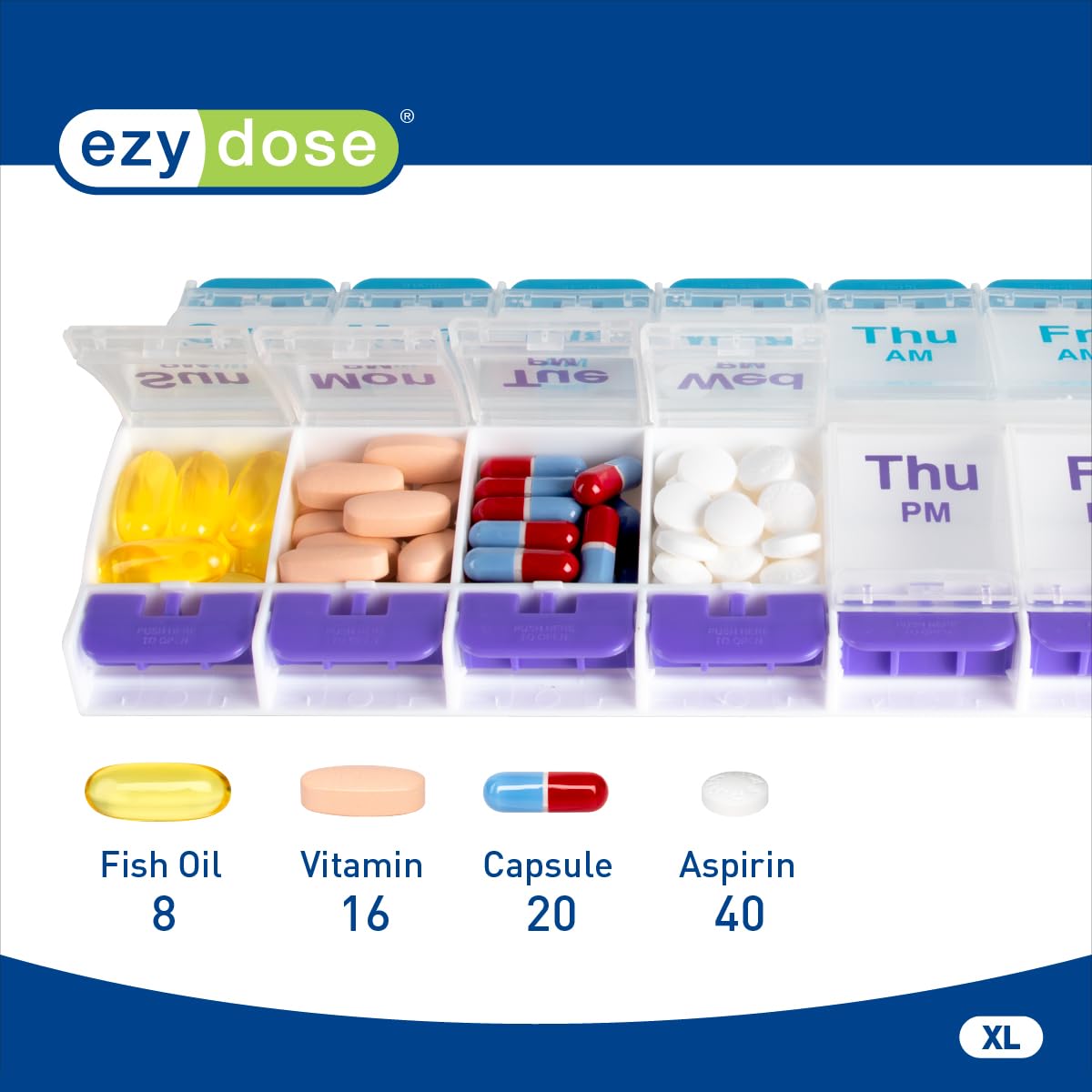 Ezy Dose Weekly (7-Day) AM/PM Pill Organizer, X-Large Case, Blue/Purple