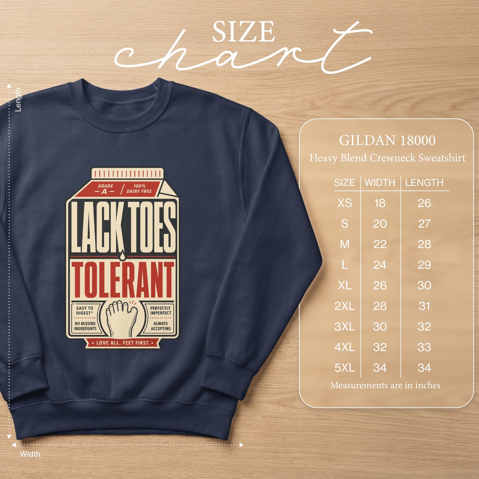 Navy Gildan 18000 sweatshirt with "Lack Toes Tolerant" graphic and size chart.