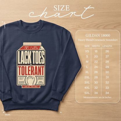 Navy Gildan 18000 sweatshirt with "Lack Toes Tolerant" graphic and size chart.