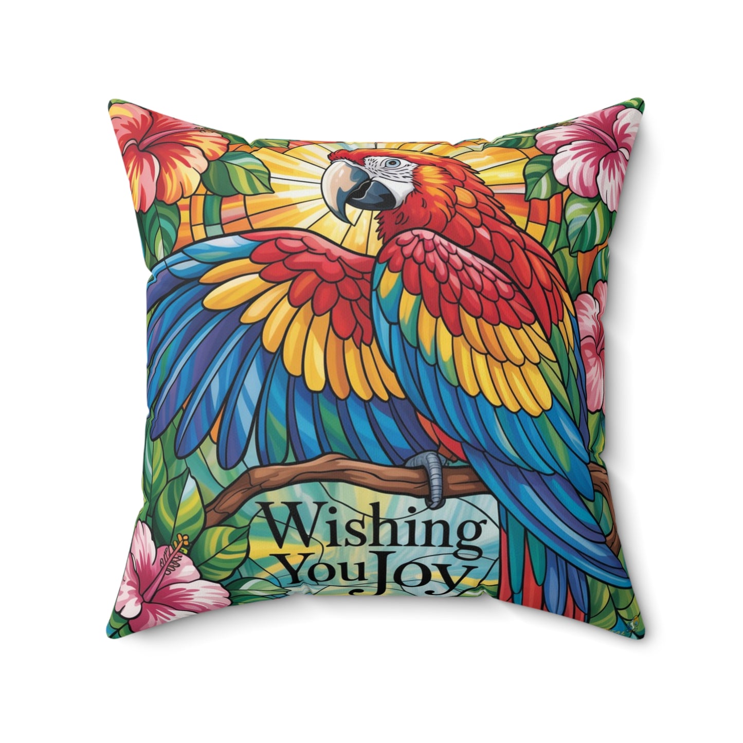 Inspirational Scarlet Macw Throw Pillow – Stained Glass Mosaic Cushion | Endurance & Wisdom Decorative Decor