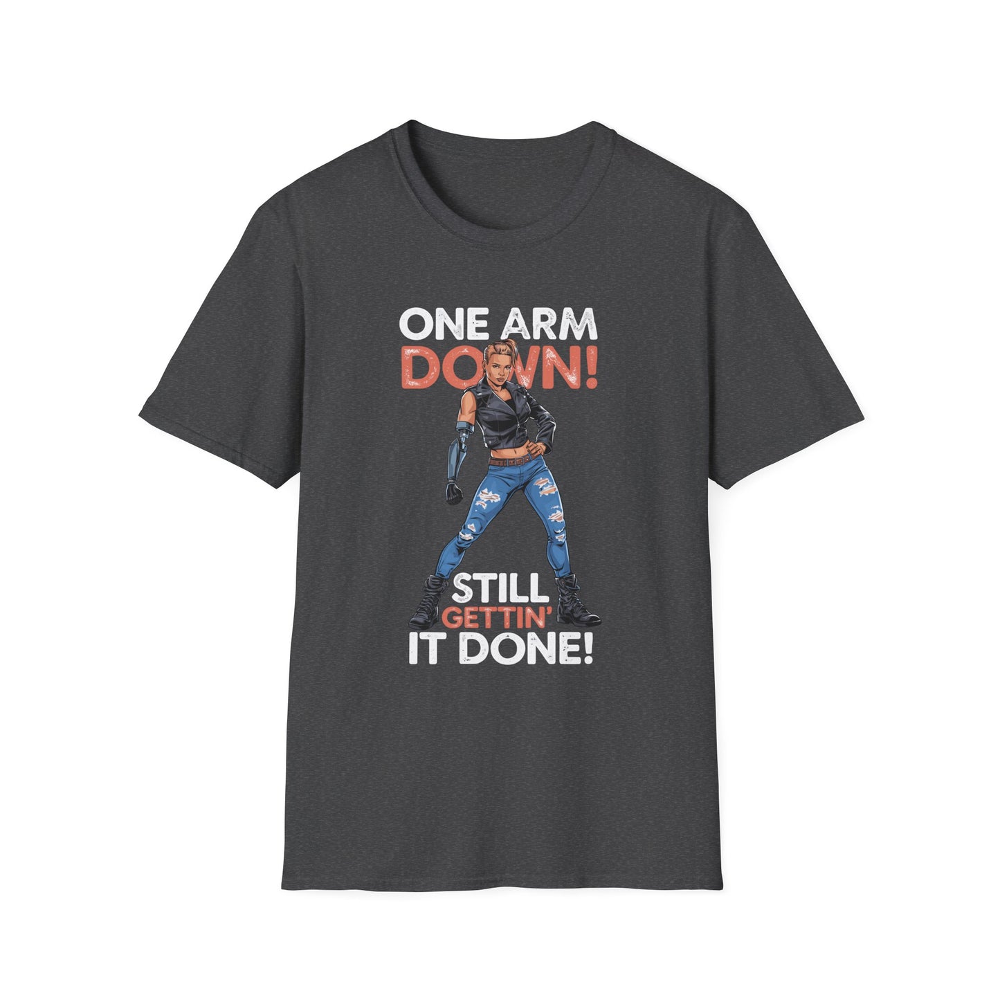 Amputee Humor, Limb Loss Awareness Tee,   One Arm Down Woman V1 Print
