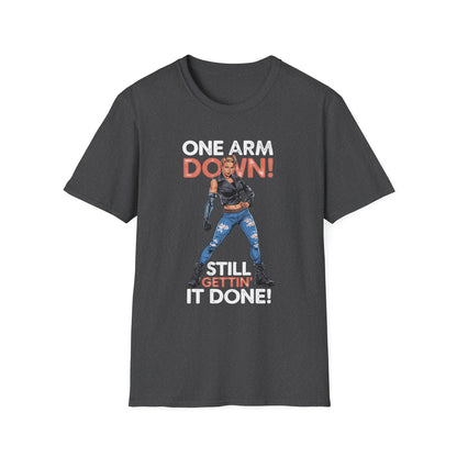 Amputee Humor, Limb Loss Awareness Tee,   One Arm Down Woman V1 Print