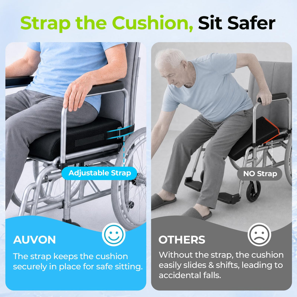 AUVON Gel Wheelchair Seat Cushion with Waterproof Cover, Ergonomic Chair Cushion with U-Cutout for Tailbone, Back Pain Relief, Memory Foam Cushion for Office, Anti-Slip, Buckle Strap