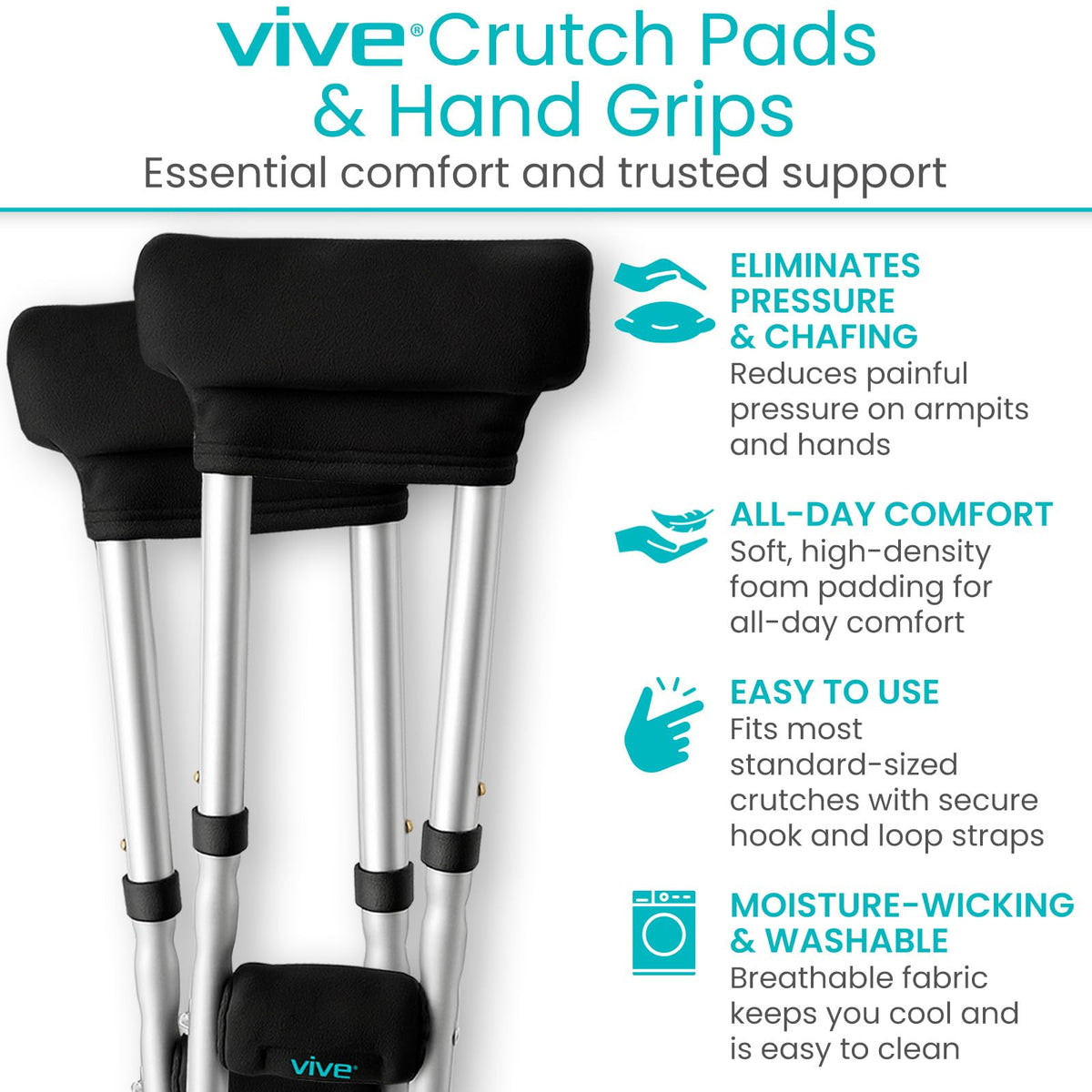 Vive Premium Crutch Pads & Hand Grips - Comfortable, Breathable