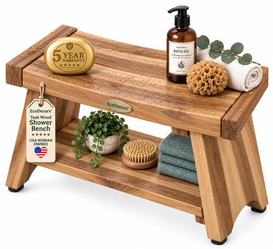 EcoDecors Serenity 24" Teak Shower Bench with Shelf, Teak Wood Shower Stool