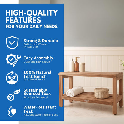 EcoDecors 36-Inch Teak Shower Bench, Large Storage Shelf, 300 lb