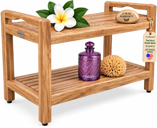 EcoDecors 36-Inch Teak Shower Bench, Large Storage Shelf, 300 lb