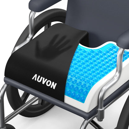AUVON Gel Wheelchair Seat Cushion with Waterproof Cover, Ergonomic Chair Cushion with U-Cutout for Tailbone, Back Pain Relief, Memory Foam Cushion for Office, Anti-Slip, Buckle Strap