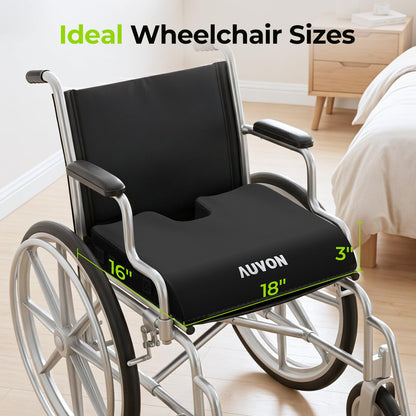 AUVON Gel Wheelchair Seat Cushion with Waterproof Cover, Ergonomic Chair Cushion with U-Cutout for Tailbone, Back Pain Relief, Memory Foam Cushion for Office, Anti-Slip, Buckle Strap