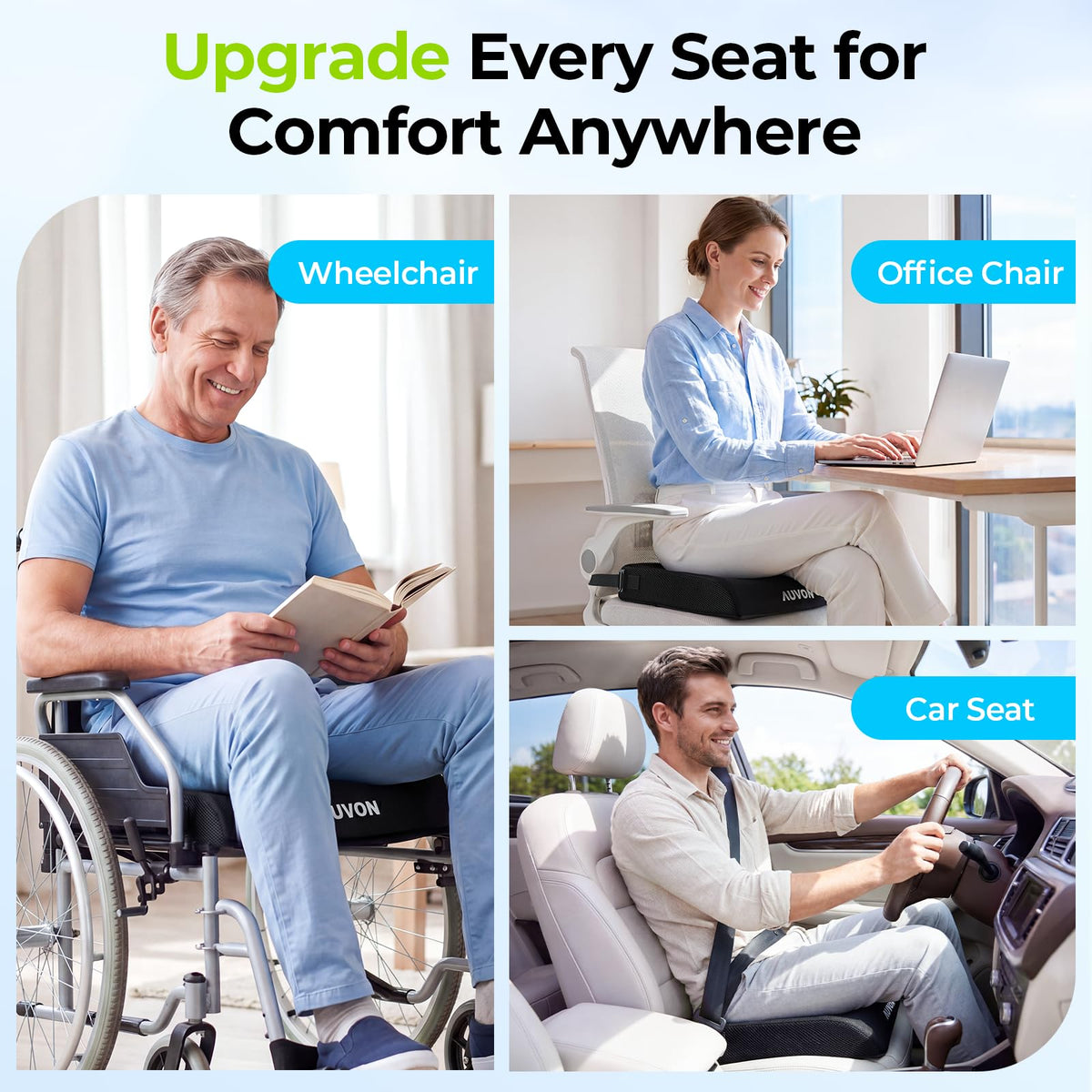 AUVON Gel Wheelchair Seat Cushion with Waterproof Cover, Ergonomic Chair Cushion with U-Cutout for Tailbone, Back Pain Relief, Memory Foam Cushion for Office, Anti-Slip, Buckle Strap