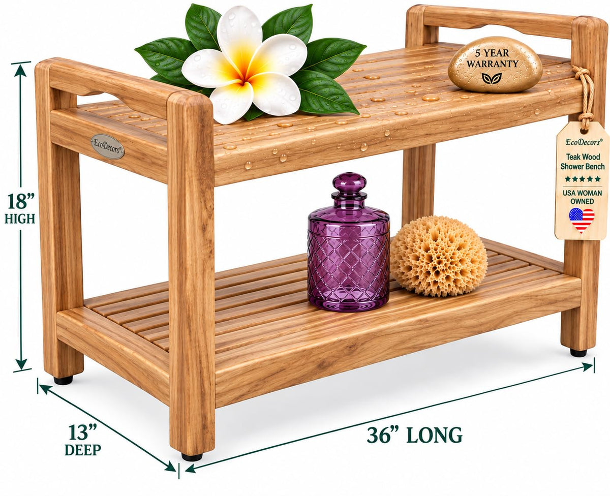 EcoDecors 36-Inch Teak Shower Bench, Large Storage Shelf, 300 lb