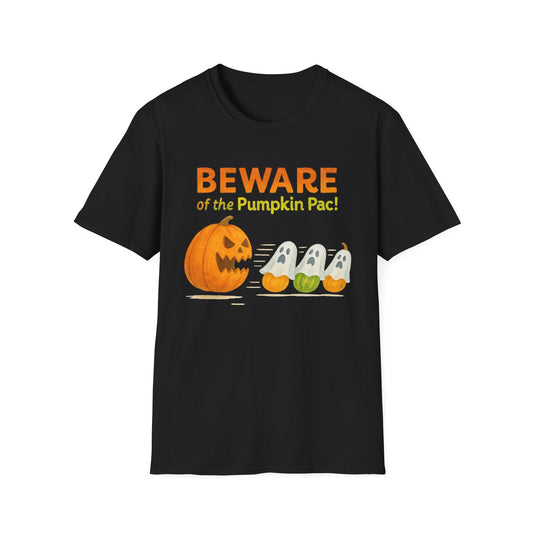 Halloween Ghost T-Shirt, Beware of the Pumpkin Pac Shirt, Unisex Softstyle Tee, Spooky Party Wear, Fall Harvest Tee