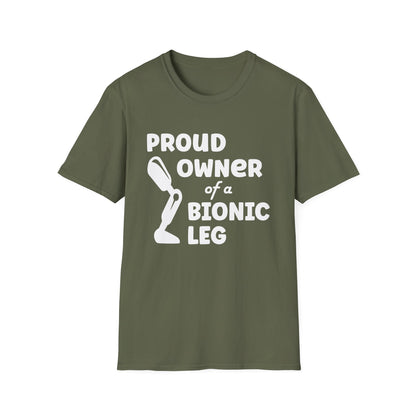 Amputee Humor, Limb Loss Awareness Tee,   Proud Owner Of Bionic Leg Blk Shrt Wm Print