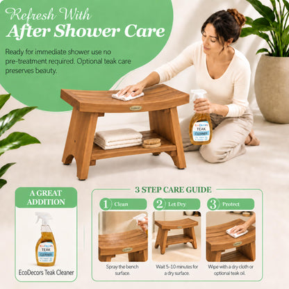 EcoDecors Serenity 24" Teak Shower Bench with Shelf, Teak Wood Shower Stool